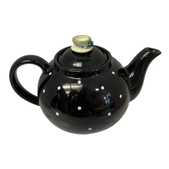 Department 56 Tea Pot Party Black White Polka Dot Teapot  5" x 9" Read - Picture 1 of 11